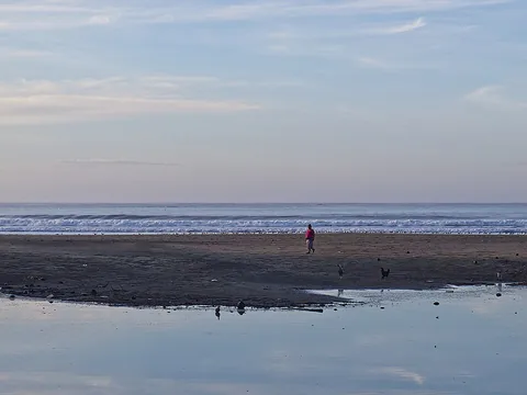 Broad dark-sand beach and shore break at El Cuco