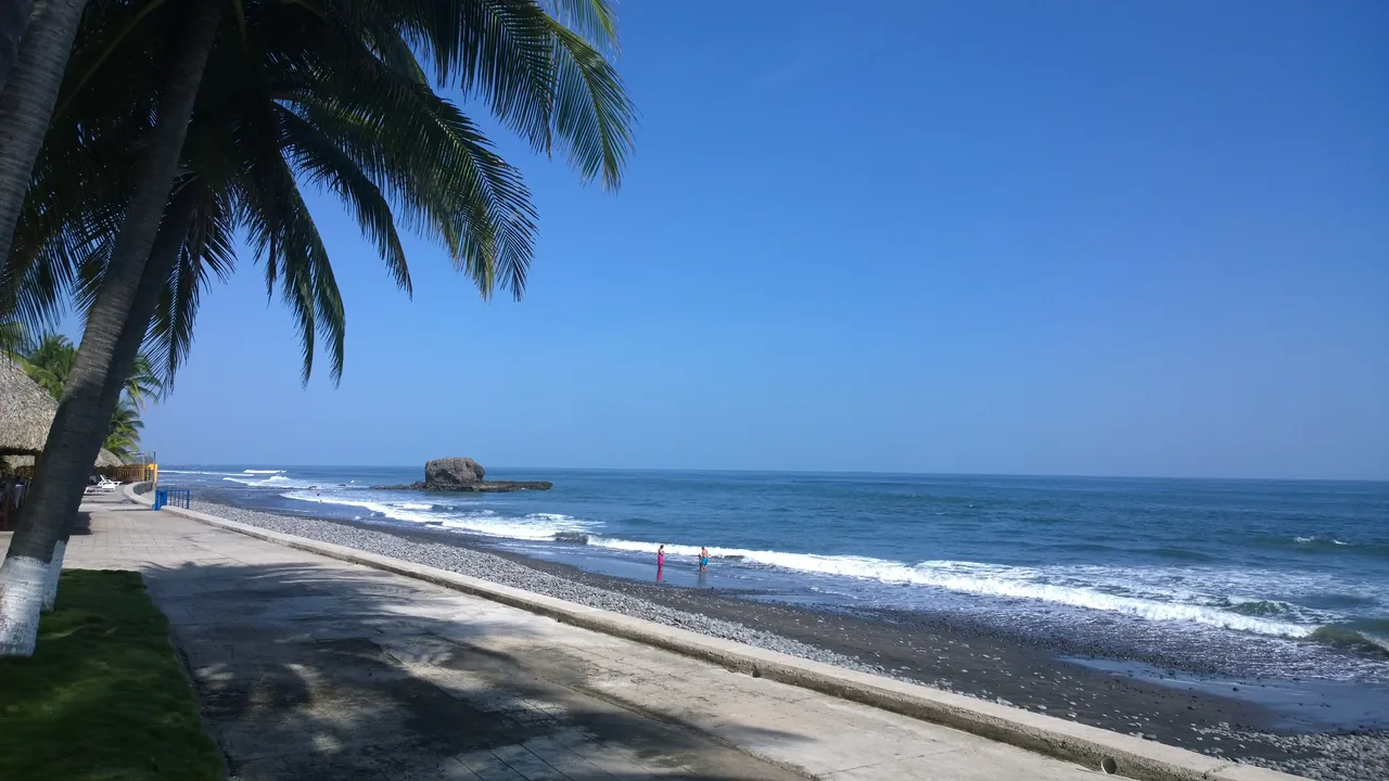 Palm-lined El Sunzal shore with a rocky sea stack, cobbles, and breaking waves